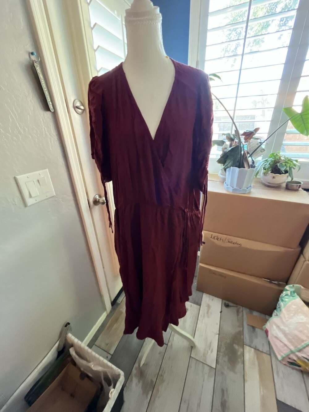 Torrid Midi Swiss Dot Linen Surplice Dress Burgundy